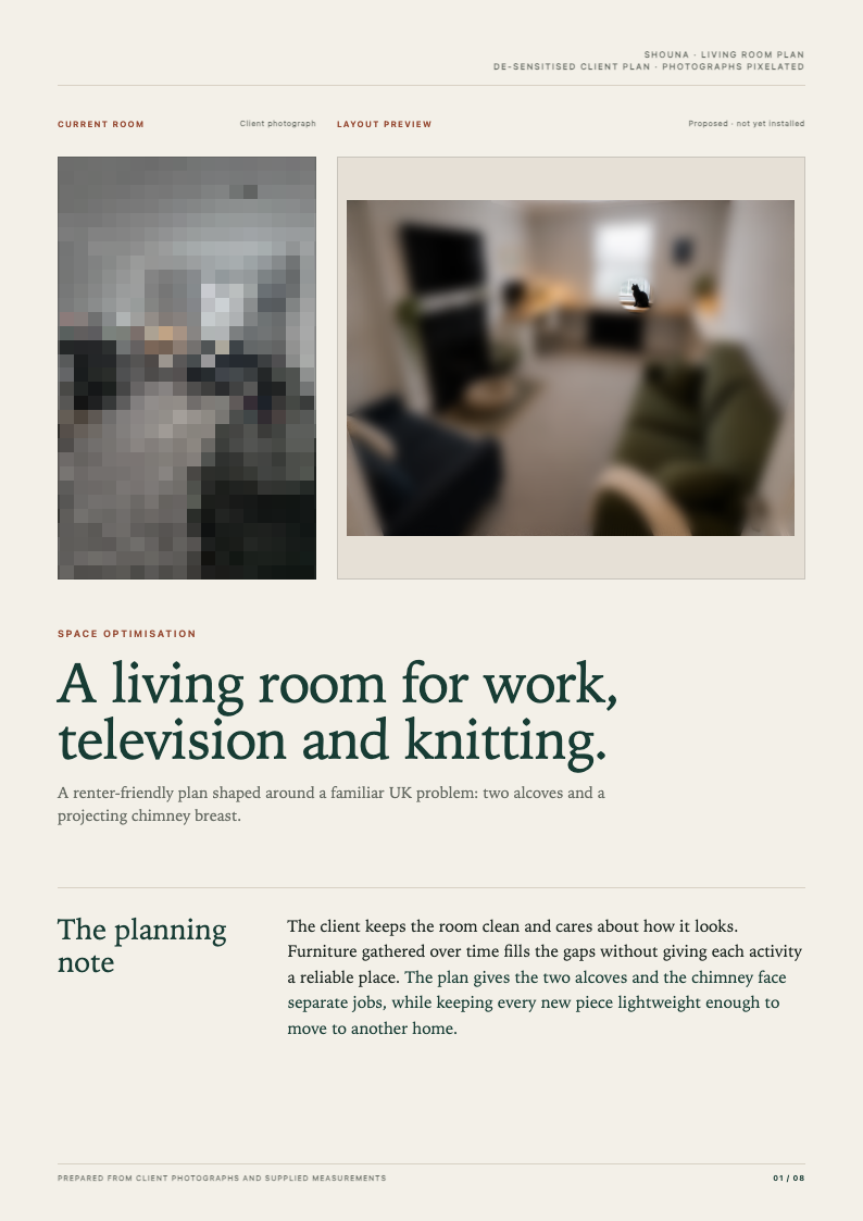Living-room plan page 1 of 8: pixelated current room beside the proposed layout
