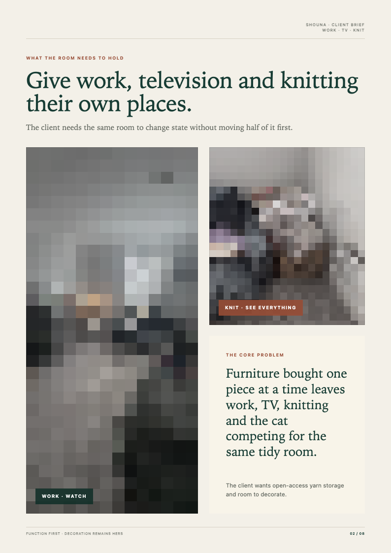 Living-room plan page 2 of 8: brief for work, television, knitting and the cat