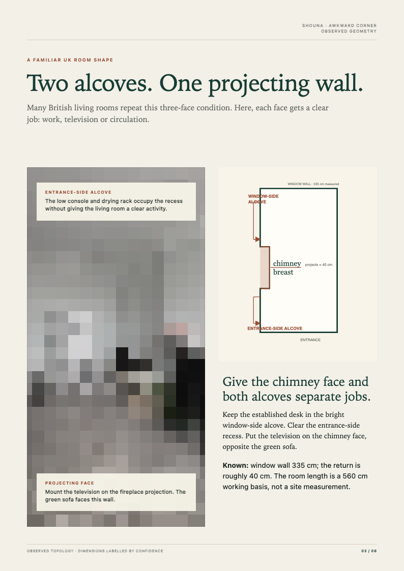 Living-room plan page 3 of 8: two alcoves and a projecting chimney wall