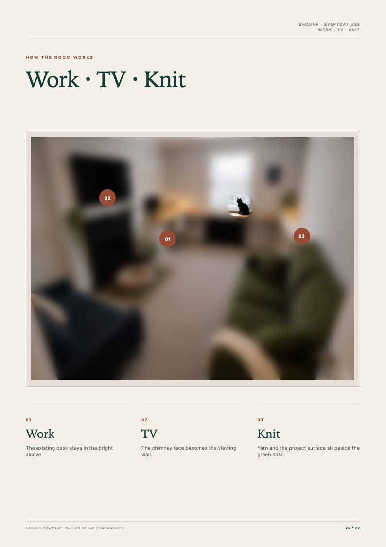 Living-room plan page 5 of 8: layout preview labelled Work, TV and Knit