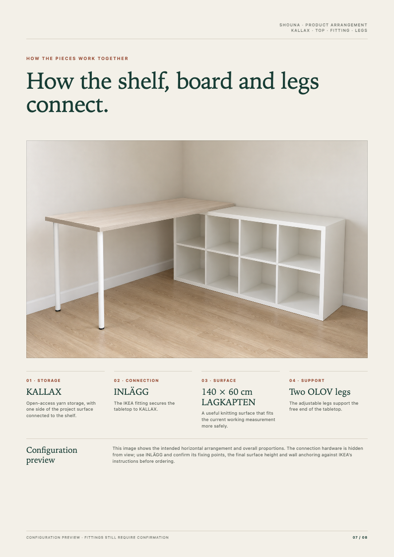 Living-room plan page 7 of 8: horizontal KALLAX, tabletop, fitting and legs configuration