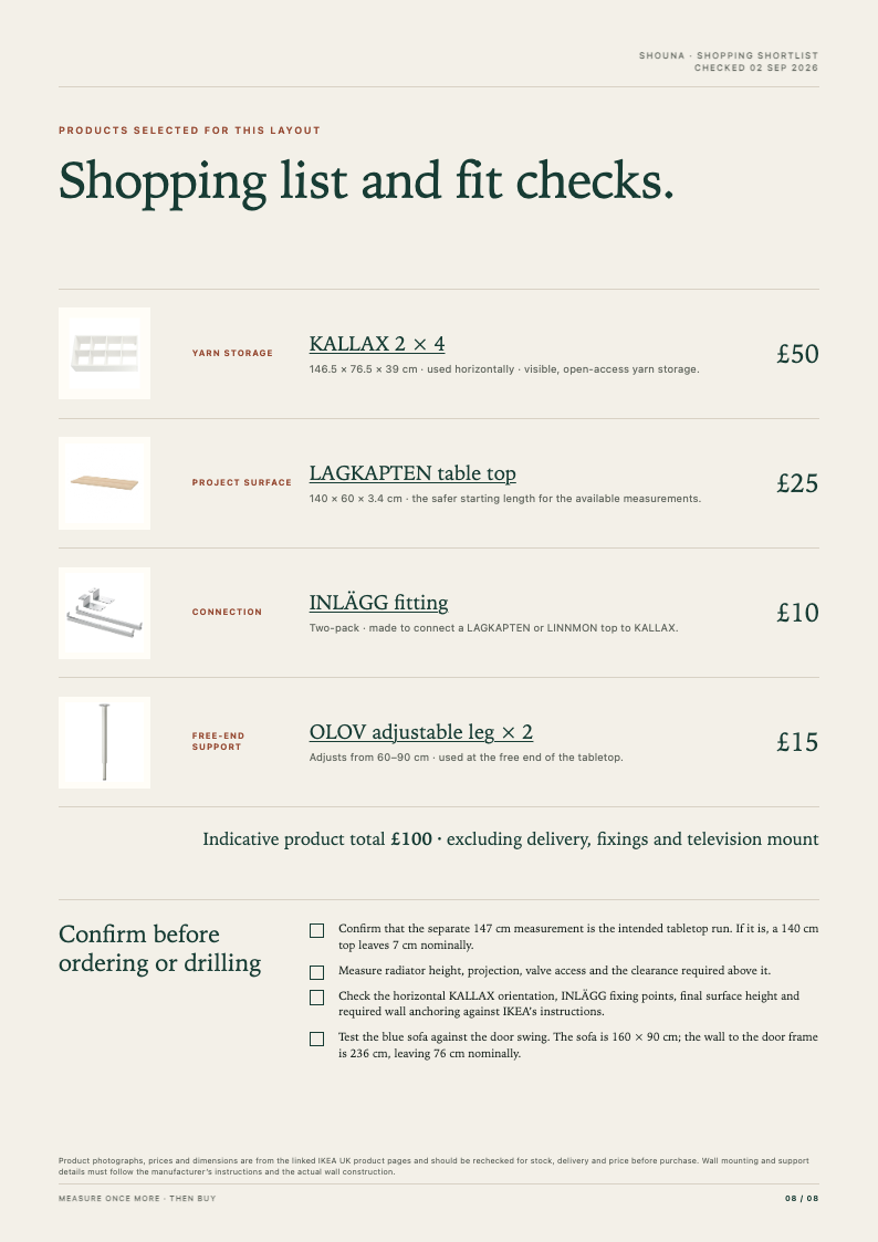 Living-room plan page 8 of 8: product list and measurements to check